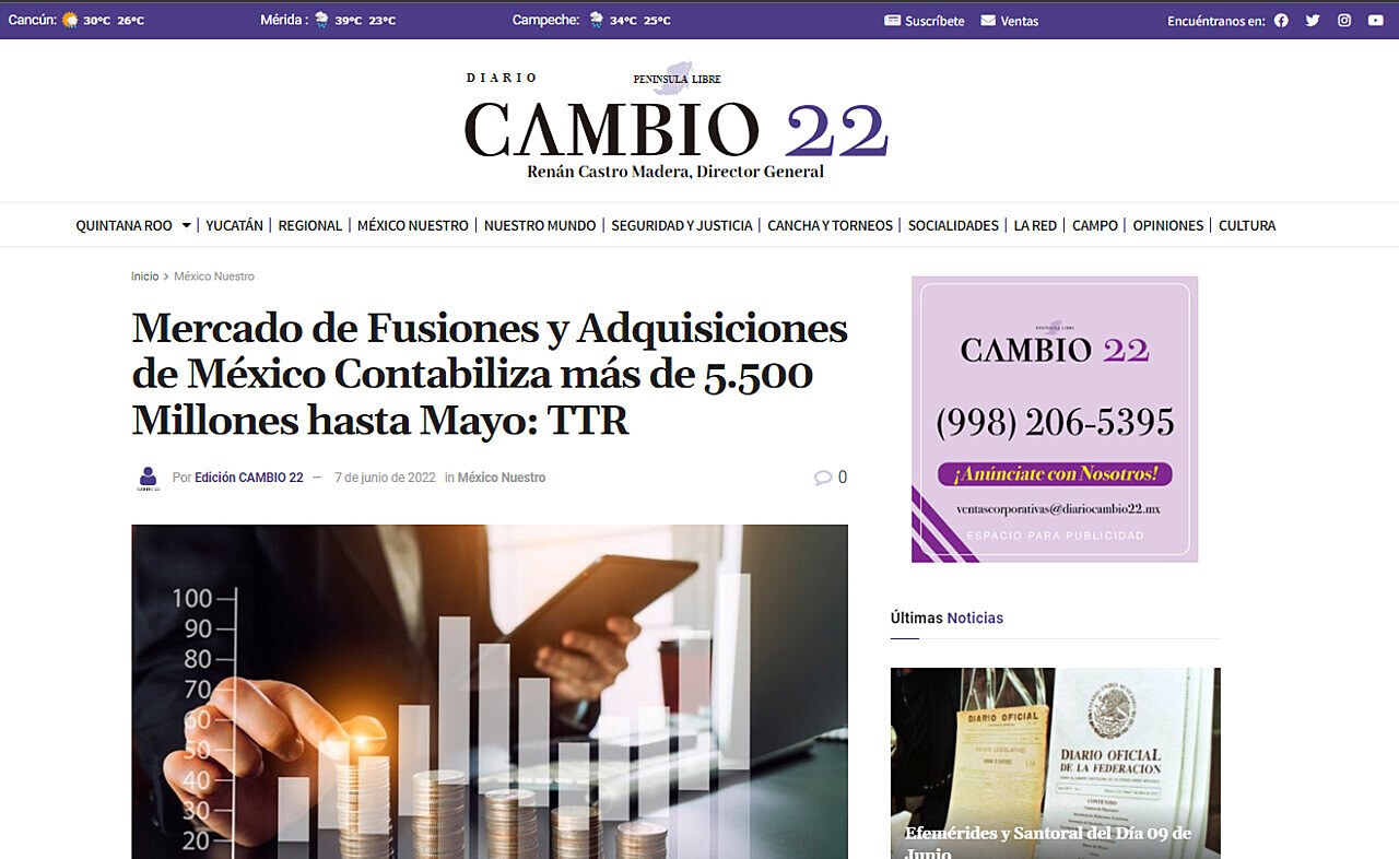 Mercado de Fusiones y Adquisiciones de México Contabiliza más de 5.500 Millones hasta Mayo: TTR